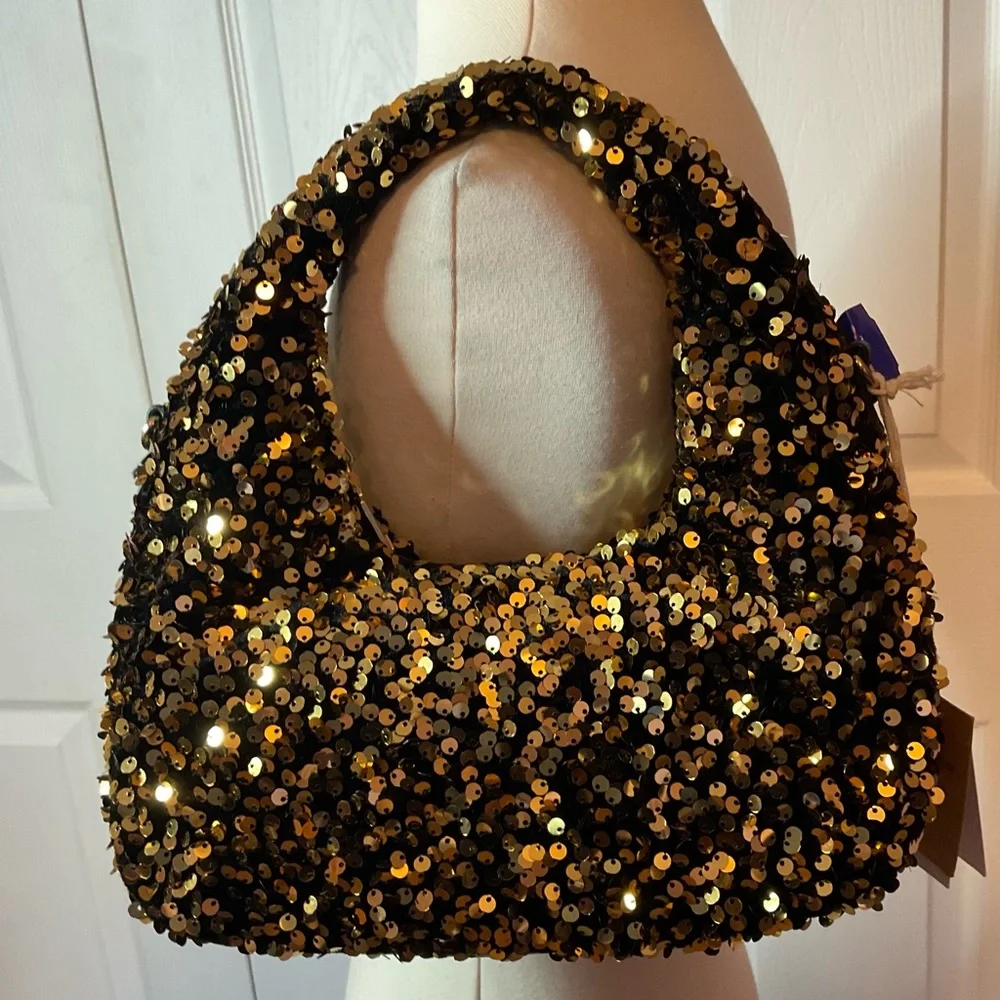 Bestini Paris Black Gold Sequin‎ Recycled Cross Body Bag Purse New